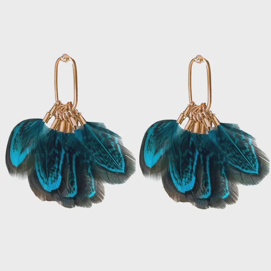 FEATHER STATEMENT TASSEL EARRINGS in Peacock