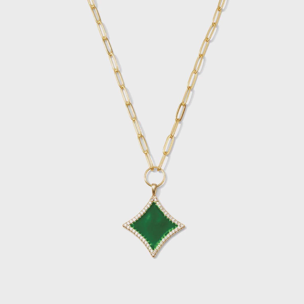 DIAMOND PAVE PAPERCLIP CHAIN PENDANT NECKLACE in Green