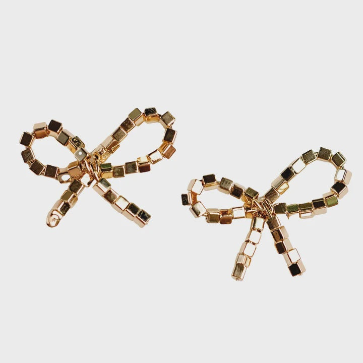 MINI BEADED BOW STATEMENT EARRINGS in Gold