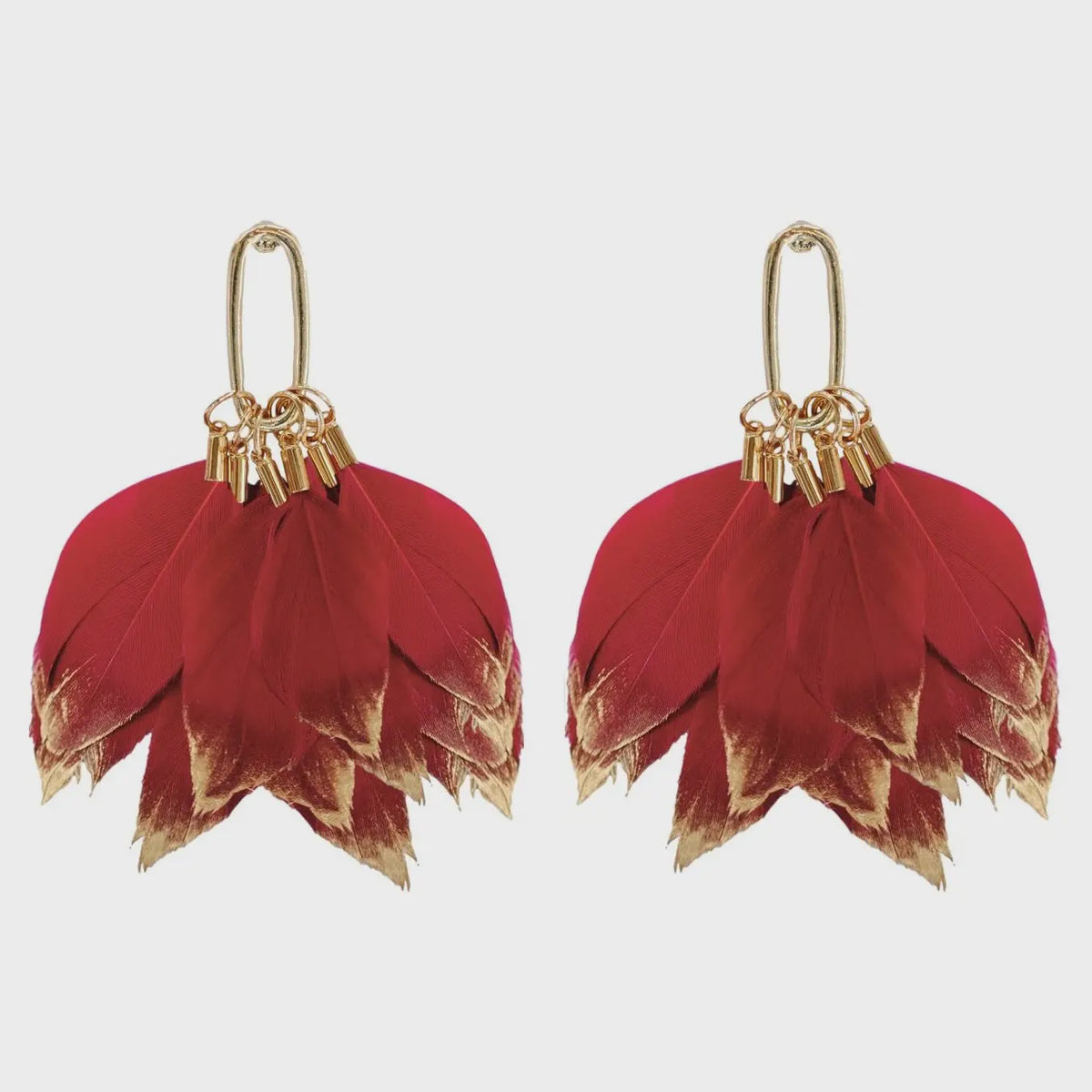 GOLD DIPPED FEATHER STATEMENT EARRINGS in Garnet