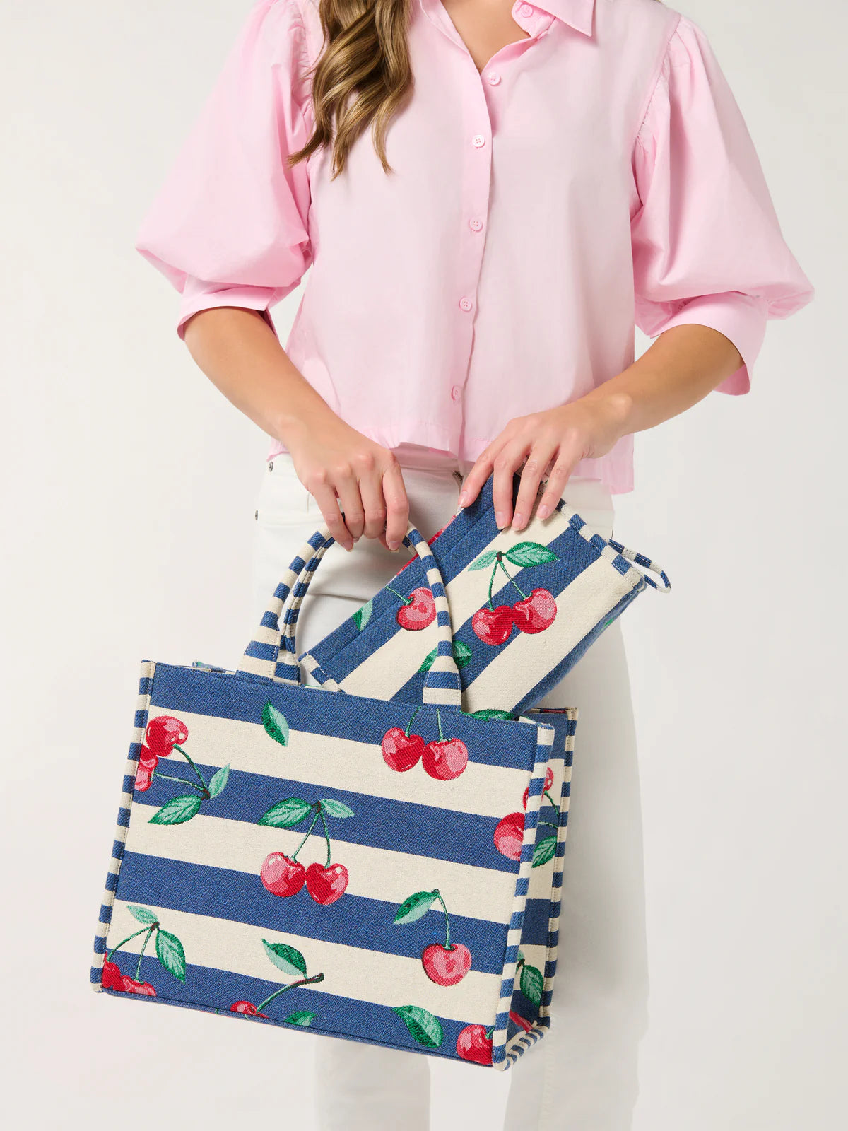 CHERRY STRIPE JACQUARD TOTE in Navy