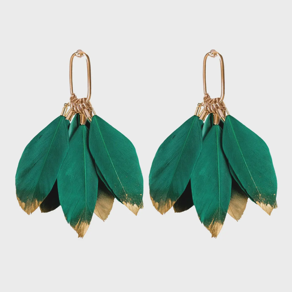 GOLD DIPPED FEATHER STATEMENT EARRINGS in Emerald