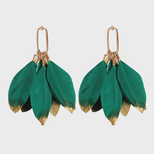 GOLD DIPPED FEATHER STATEMENT EARRINGS in Emerald