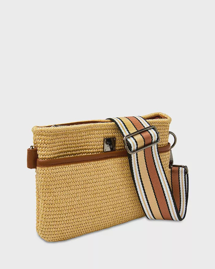 RAFFIA BUM BAG in Dune Raffia + Saddle