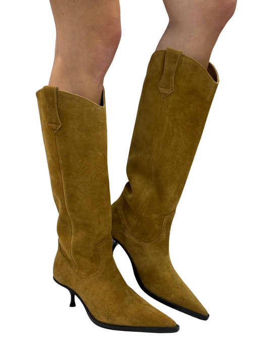 DAISY SLOUCH KITTEN HEEL BOOT in Tan Suede