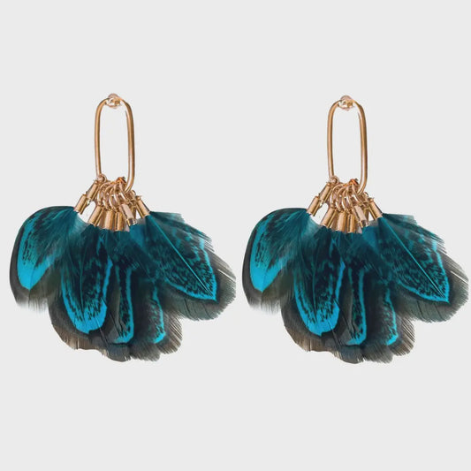 FEATHER STATEMENT TASSEL EARRINGS in Peacock