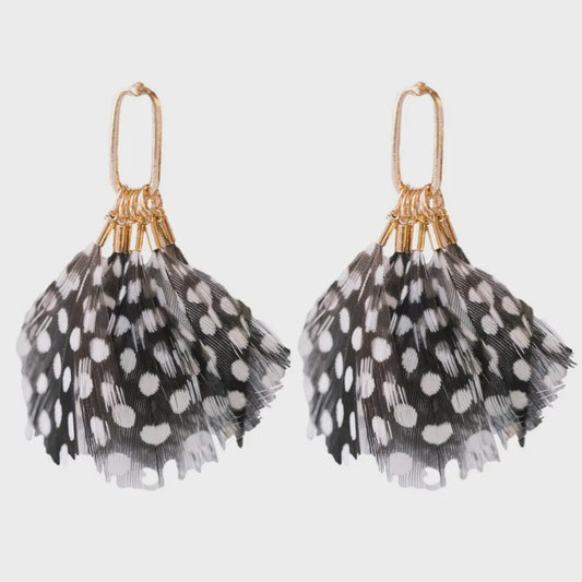 SPOTTED FEATHER STATEMENT TASSEL EARRINGS in Black