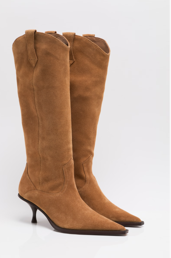 DAISY SLOUCH KITTEN HEEL BOOT in Tan Suede