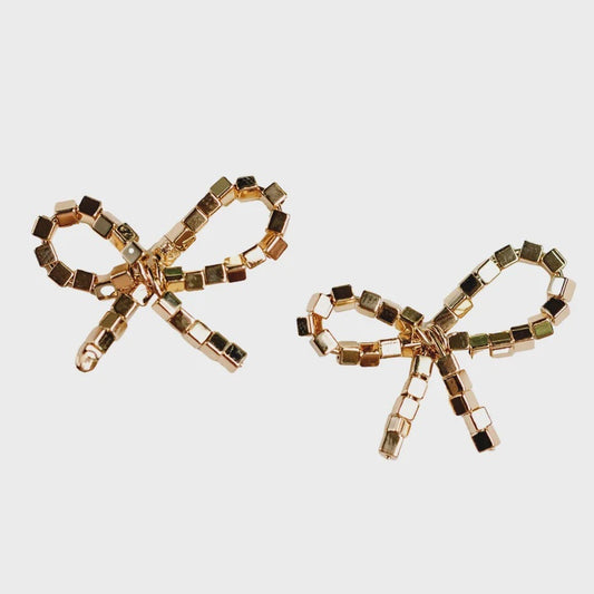 MINI BEADED BOW STATEMENT EARRINGS in Gold