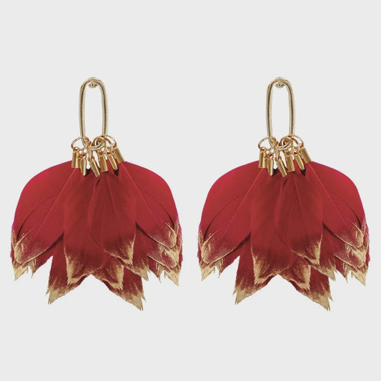GOLD DIPPED FEATHER STATEMENT EARRINGS in Garnet