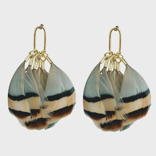 STRIPED FEATHER STATEMENT TASSEL EARRINGS in Brown